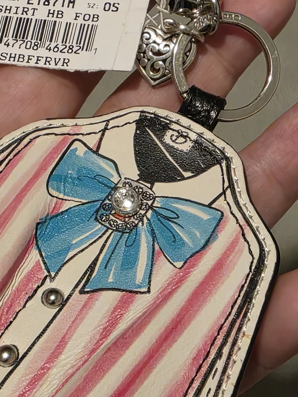 Brighton Pink & Blue Shirt Charm Key Fob Handbag Keychain Reversible Blue Stripe